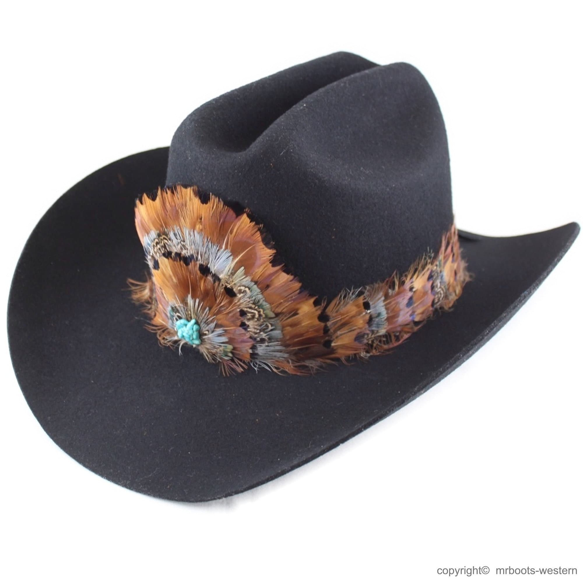 Brown Felt Western Hat with Turquoise Feather and Navajo Print Band Feathered Outlaw- Brown/Turquoise Feather – The Rancher Hat Co main image 3