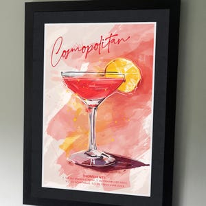 Póster de cóctel cosmopolita: cócteles clásicos, vodka, Cointreau, impresión de recetas de cócteles, diseños de bebidas alcohólicas, arte de cocina, pósters de bares