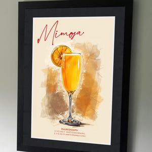 Mimosa Cocktail Poster - klassische Cocktails - Champagner - Orangensaft - Cocktailrezepte - Cocktailrezepte - Alkoholdesigns - Küchenkunst - Bar Poster