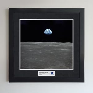 Earth rising above the moon&#39;s horizon -stage three Poster - Apollo 11 - Astronomy - Printed double mount with plaque - Space Photography