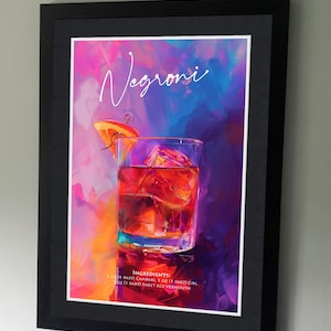Póster de cóctel Negroni: cócteles clásicos, ginebra, vermú, Campari, impresión de recetas de cócteles, diseños de alcohol, arte de cocina, carteles de bar