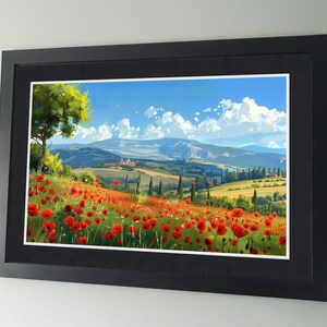 Puede incluir: Una pintura de paisaje enmarcada que representa un campo de amapolas rojas en primer plano, con colinas onduladas y un cielo azul en el fondo.