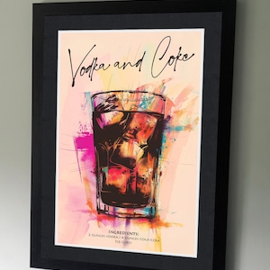 Póster de cóctel de vodka y Coca-Cola - cócteles clásicos - Vodka y Coca-Cola - bebidas para mezclar - Impresión de recetas de cócteles - Diseños de bebidas alcohólicas - Arte de cocina