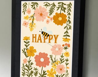 Peut inclure: Une affiche encadrée avec un motif floral et le mot "HAPPY" en orange. Une abeille de dessin animé vole au-dessus du mot. Les fleurs sont dans des tons de rose, jaune et orange, avec des feuilles vertes. Le cadre est noir.