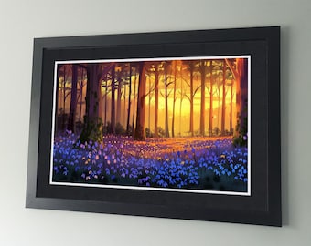 Póster de Bosque de campanillas al anochecer - Obra de arte de campanillas - Arte floral - Pintura de paisaje de campanillas - Diseño de bosque de campanillas