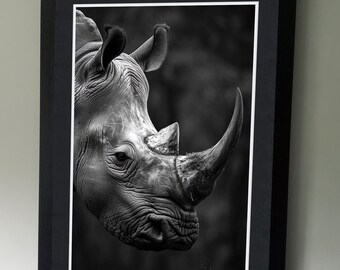 May include: A black and white photograph of a rhinoceros's head and horn. The rhinoceros is looking to the right of the frame. The background is blurred.