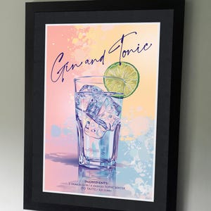 Póster de cóctel de gin-tonic: cócteles clásicos, cócteles con trago alto, bebidas para mezclar, impresión de recetas de cócteles, diseños de bebidas alcohólicas, arte culinario