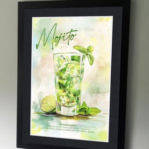 Póster de cóctel mojito, cócteles clásicos, ponche cubano, impresión de recetas de cócteles, diseños de alcohol, arte de cocina y bar