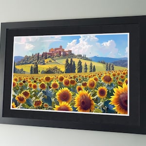 Sunflower Landscape Italian Summer Poster - Flowers artwork - Helianthus art - Asteraceae Landscape painting wall art - Prints for the home