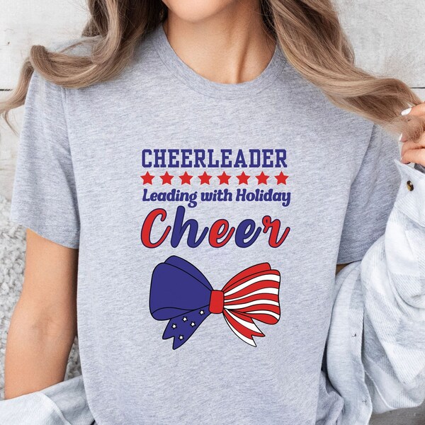 Cheerleader Coquette American flag Bow Tshirt, Cheer fourth of July Holiday gift, Cute matching cheerleading team patriotic practice tee