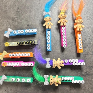 Troll hair clothes pin Cheer clip, cheerleading comp clip, volleyball backpack track team gift, coach game softball competition bag tag