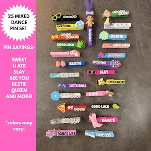 25 Dance mixed pin bundle, team bonding backpack gift, coach mom dancing recital, party favor comp meet clips, acro slay hip hop bag tag