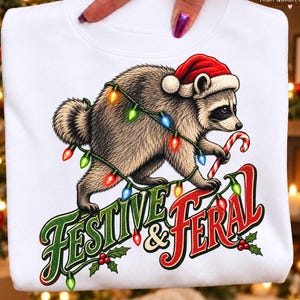 Funny Christmas Raccoon PNG, Santa Hat Candy Cane Holiday Lights, Retro Feral Woodland Raccoon Shirt Design, Xmas Sublimation PNG