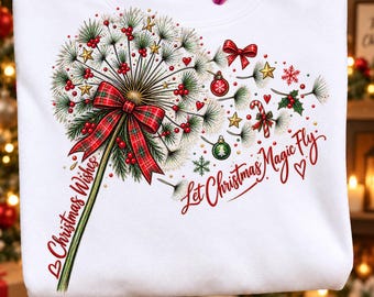 Christmas Dandelion PNG, Christmas Wishes Holiday Design, Plaid Bow Ornaments, Let Christmas Magic Fly Sublimation