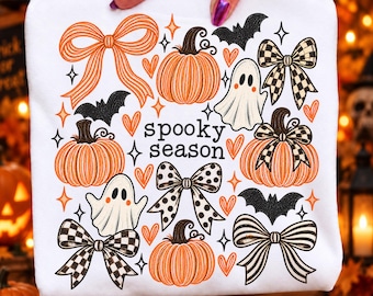 Spooky Season PNG, Retro Halloween Ghost Pumpkin Bow Design, Cute Bat Fall Sublimation, Halloween Shirt PNG