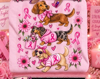 Breast Cancer Awareness Dachshund PNG, Pink Ribbon Dog Art (Digital Download)
