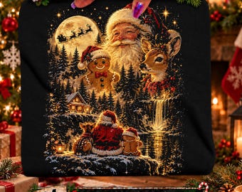 Vintage Christmas Santa PNG, Gingerbread Deer Winter Forest Moon Scene, Retro Holiday Shirt Graphic, Christmas Sublimation PNG