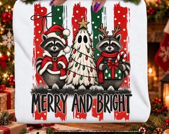 Christmas Raccoon PNG, Merry and Bright Raccoons with Ghost Tree, Cute Holiday Sublimation
