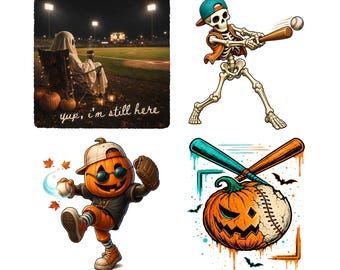 May include: Four baseball-themed designs: a ghost sitting in a chair at a stadium with the text 'yup, i'm still here', a skeleton wearing a teal cap swinging a bat at a ball, a pumpkin character in a cap throwing a ball, and a pumpkin-baseball hybrid.