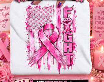 Fight Breast Cancer PNG, Pink Ribbon American Flag PNG, Breast Cancer Awareness PNG, Cancer Fighter Sublimation Design