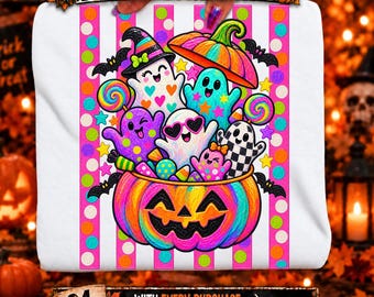 Cute Halloween Ghost PNG, Colorful Ghost Pumpkin PNG, Trick or Treat Ghost PNG, Retro Halloween Sublimation, Kids Spooky Season png