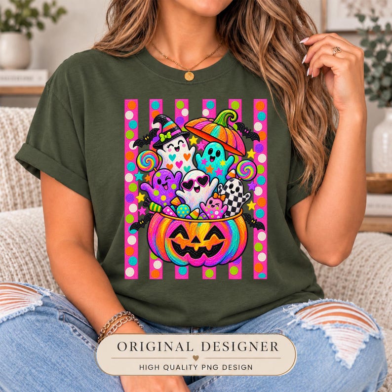 May include: An olive green t-shirt featuring a vibrant graphic of a large, colorful jack-o'-lantern filled with various cartoon ghosts, lollipops, and candy. The design is set against a background of vertical pink and orange striped polka dots.