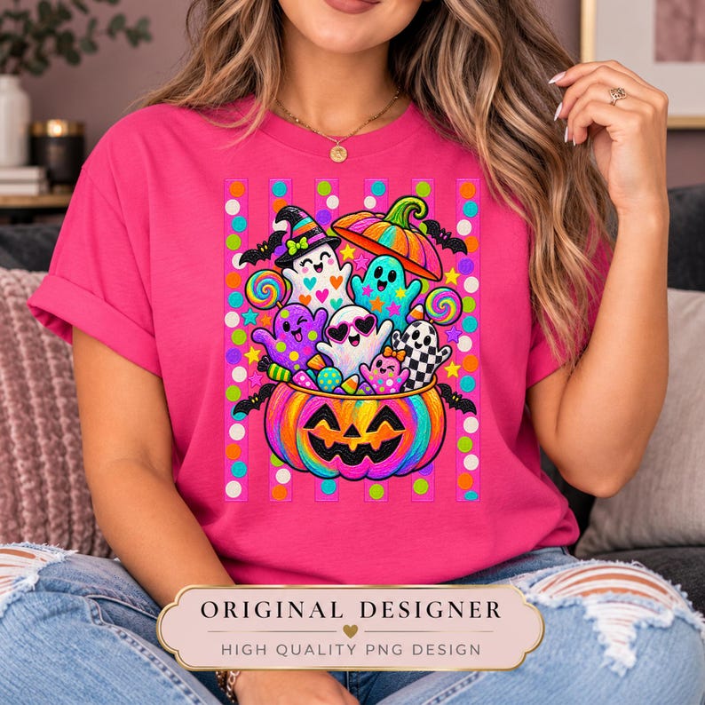 May include: A bright pink t-shirt featuring a colorful graphic of a jack-o'-lantern filled with various cartoon ghosts, candy, and stars. The design includes vertical stripes, polka dots, and a variety of vibrant colors like orange, purple, and teal.