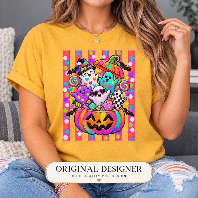 May include: A mustard yellow t-shirt featuring a vibrant graphic of a large, rainbow-colored jack-o'-lantern filled with colorful ghosts, candy, and bats. The design is set against a background of vertical pink stripes and multi-colored polka dots.