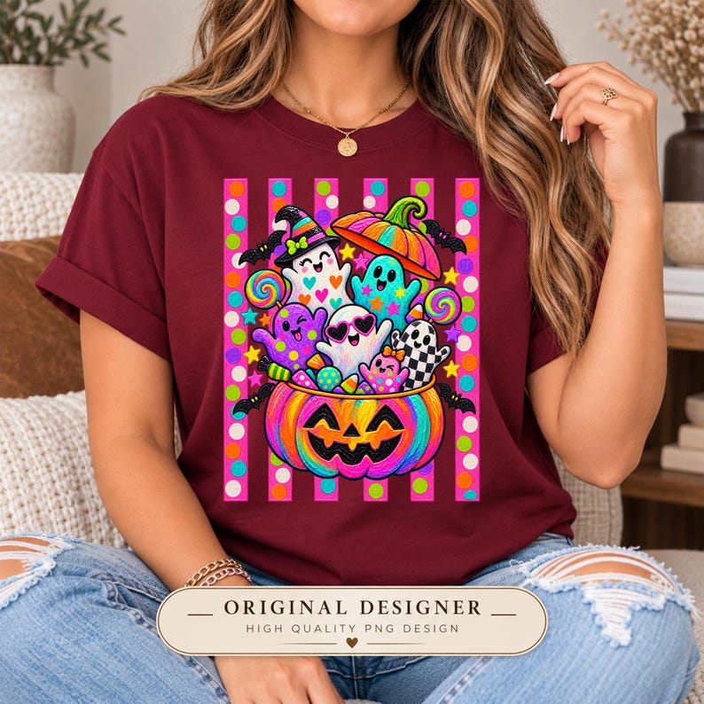May include: A maroon t-shirt featuring a vibrant graphic of a large, colorful jack-o'-lantern filled with various cartoon ghosts, lollipops, and candy. The design is set against a background of vertical pink and orange stripes with polka dots.