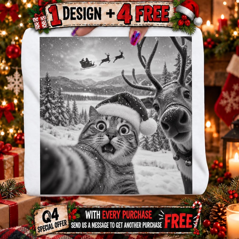 May include: A white sweatshirt featuring a black and white graphic of a cat wearing a Santa hat taking a selfie with a reindeer in a snowy landscape. Above the image, text reads 1 DESIGN + 4 FREE. Below, text reads Q4 SPECIAL OFFER WITH EVERY PURCHASE.