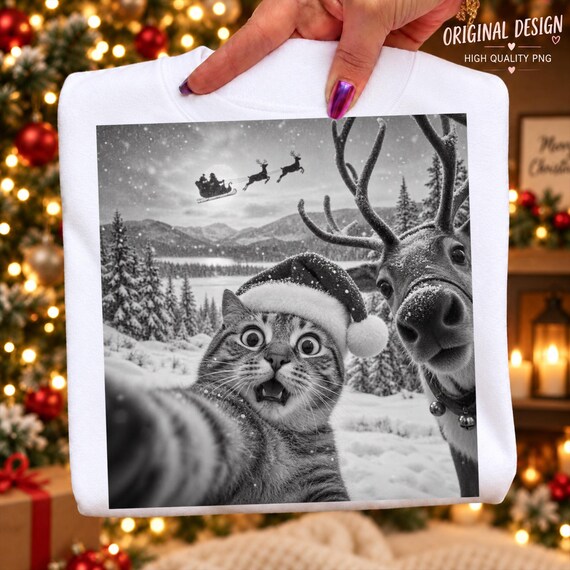 Funny Christmas Cat Selfie PNG, Reindeer Snowy Forest Santa Sleigh, Vintage Black White Holiday Shirt Design, Winter Sublimation PNG