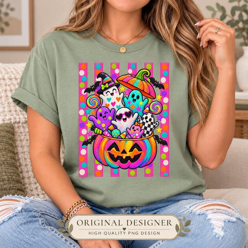 May include: A sage green t-shirt featuring a vibrant graphic of a large, colorful jack-o'-lantern filled with various cartoon ghosts, candy, and bats. The design is set against a background of vertical pink stripes with colorful polka dots.