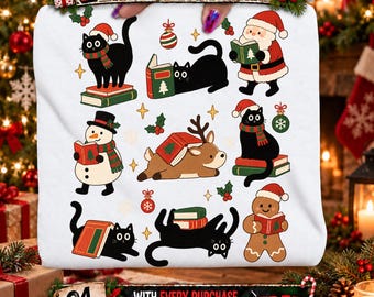 Bookish Christmas PNG, Reading Santa Snowman Reindeer Cats and Gingerbread Sublimation