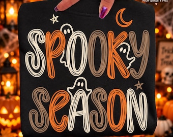 Retro Spooky Season Ghost Trio PNG,Hand Drawn Halloween Ghost Lettering,Spooky Halloween Leopard Checkered Dots  Vintage Orange Cream Design