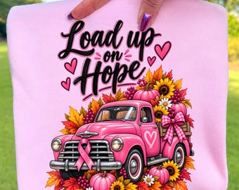 Pink Truck Breast Cancer PNG, Load Up on Hope Fall Pumpkin Ribbon Design, October Awareness Sublimation
