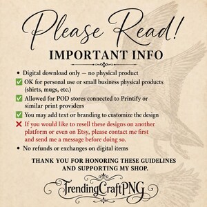 May include: A digital download information graphic featuring a vintage-style duck illustration on a parchment background. The text reads Please Read! IMPORTANT INFO, outlining usage guidelines for personal and small business use, POD services, and resale policies.