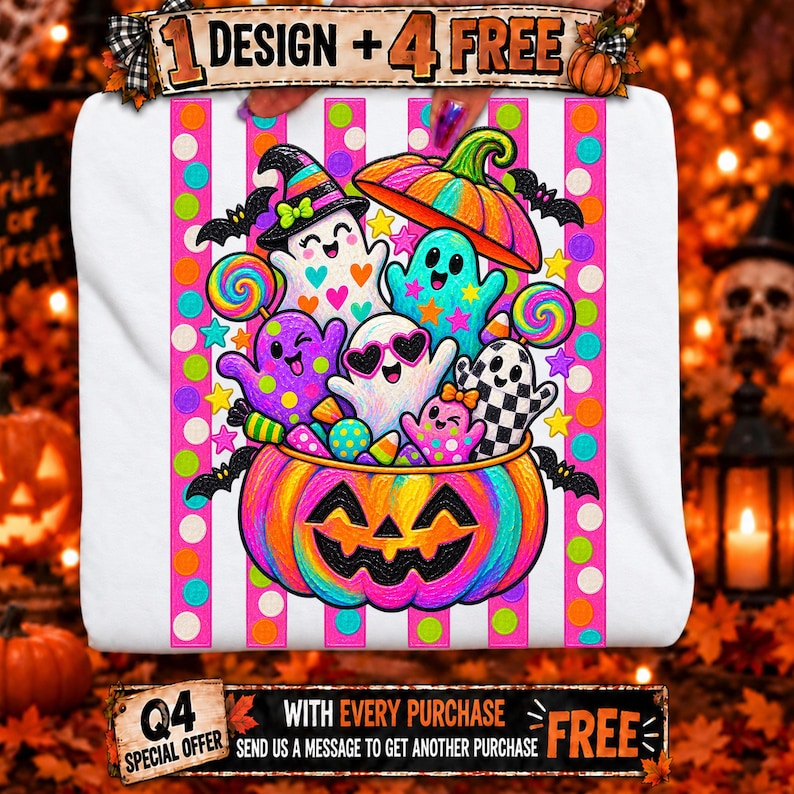 May include: A white fabric surface featuring a colorful Halloween graphic of a large jack-o'-lantern filled with ghosts, candy, and lollipops. The background has vertical pink stripes and colorful polka dots. Text at the top reads 1 DESIGN + 4 FREE.