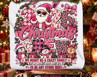 Pink Christmas 2026 PNG, Christmas Crew Santa Penguin Snowman Reindeer, Crazy Family Holiday Sublimation