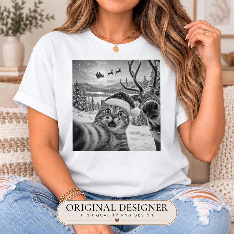 May include: A white short-sleeved t-shirt featuring a black and white graphic print of a cat wearing a Santa hat taking a selfie with a reindeer in a snowy landscape, with Santa's sleigh flying in the background sky above pine trees.
