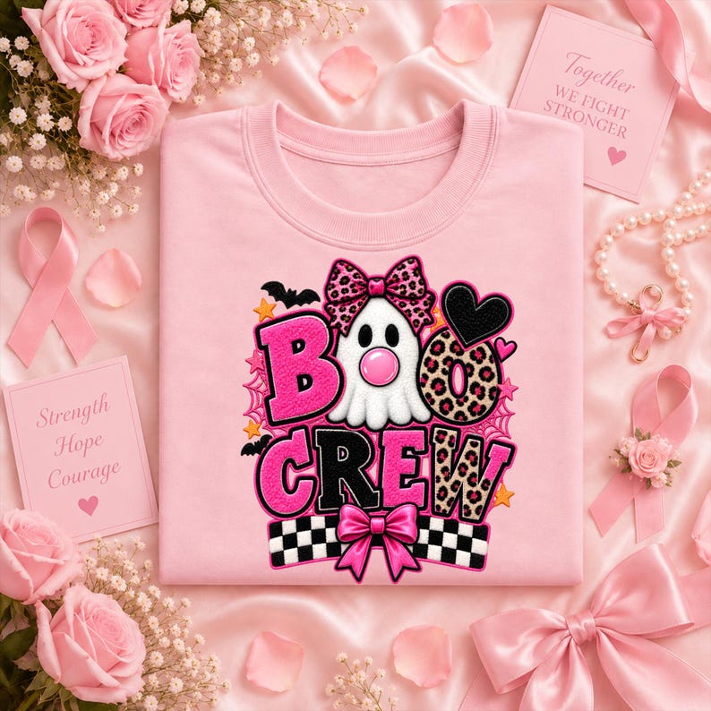 May include: A light pink t-shirt featuring a graphic of a white ghost with a pink nose, wearing a leopard print bow. The text reads BOO CREW in pink and leopard print letters. The design includes black bats, orange stars, and a checkered pattern.