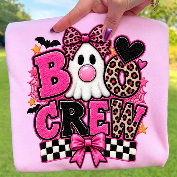 Pink Boo Crew PNG, Coquette Ghost Halloween Design with Leopard Bow, Checkerboard & Faux Embroidery Style