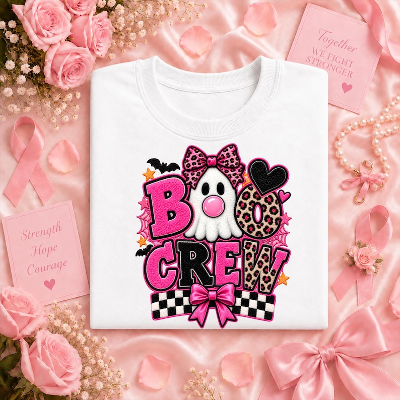May include: A white t-shirt featuring a graphic of a ghost with a pink leopard print bow, the text BOO CREW, a black heart, and a checkered pattern. The ghost has a pink bubble, and the design includes small orange stars and black bats.