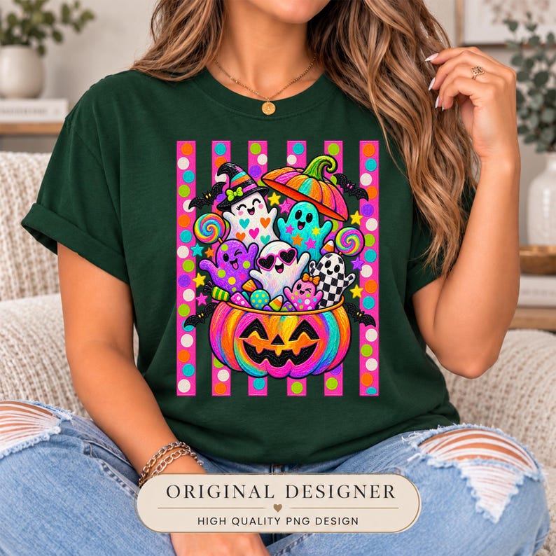 May include: A dark green t-shirt featuring a colorful graphic of a large jack-o'-lantern filled with various ghosts, lollipops, and candy. The design includes a background of vertical pink and orange stripes with polka dots and small stars.