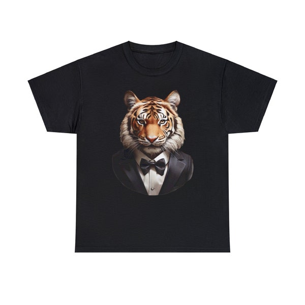 Tiger in a Tuxedo Suit tee, spiffy suit, tuxedo tiger, t-shirt, animal print, black tie, unique, stylish, conversation starter, gift