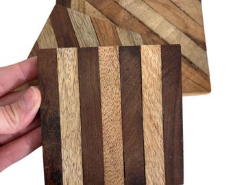 Wood Inlay design coasters- set of 4 rustic accent decor - stripes cabin 4x4"