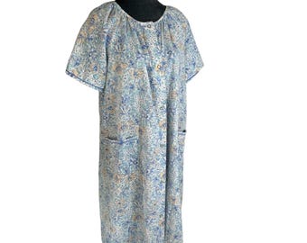 VTG Pearl Snap-huisjurk - dagjurk nachtjapon - blauwe bloemen L 16-18 - retro