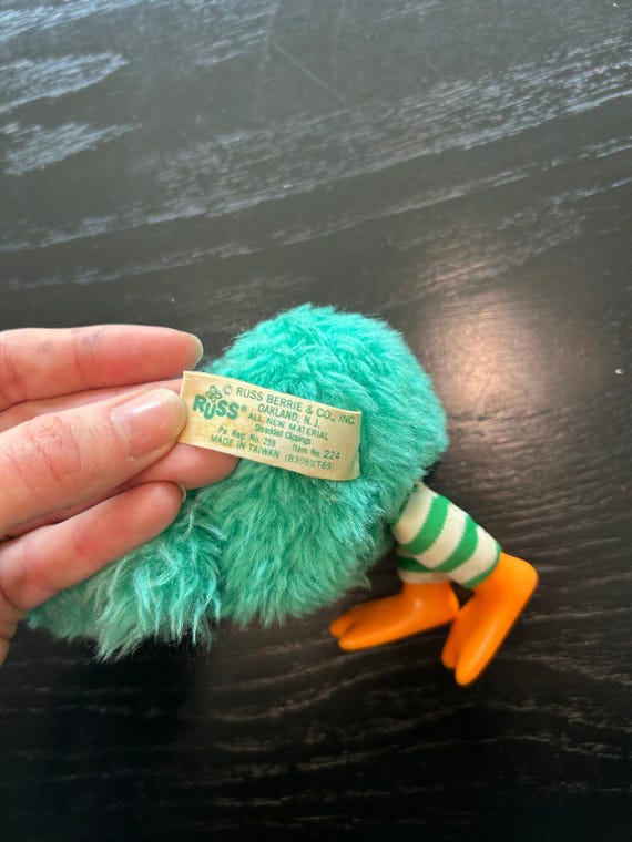 70s Lester Lonely Looney- Fuzzy Bird Doll- Green Teal - Some Wear