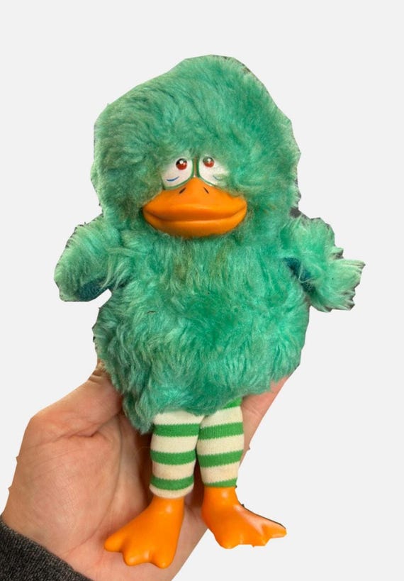 70s Lester Lonely Looney- Fuzzy Bird Doll- Green Teal - Some Wear