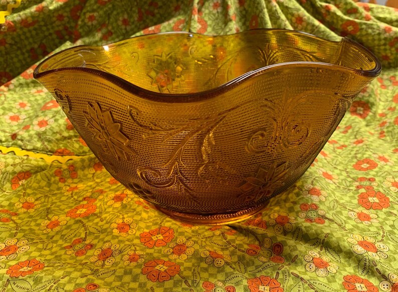 Tiara Sandwich Glass Pedestal 10 Wide Flared Scalloped Amber Gold