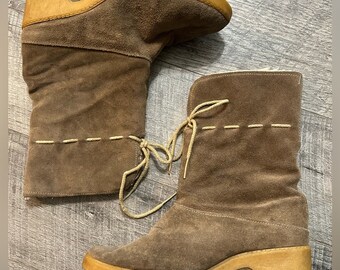 VTG- Sears- Leather Wedge Boot- ties- medium brown size 9 - some heel damage